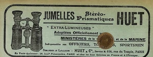 PARIS / JUMELLES STÉRÉO-PRISMATIQUES HUET / PUBLICITÉ 1909 - Imagen 1 de 1
