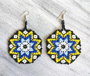 Handmade Seed Bead Fashion Earrings Star Huichol Art Yellow Blue  - Picture 1 of 5