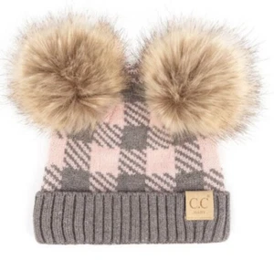 Baby Authentic C.C Exclusive Grey/Pale Pink Buffalo Plaid Fur Pom Beanie NWT - Picture 1 of 1