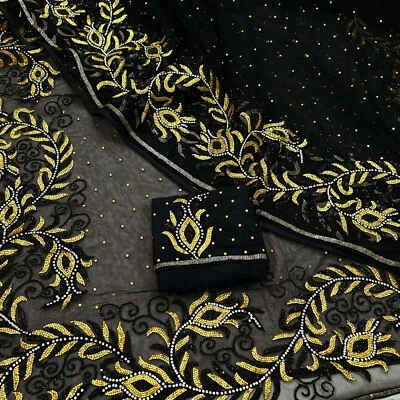 Heavy Sari黑色网手工刺绣纱丽工艺面料6码带衬衫面料 — 第 1/4 张图片