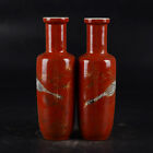 9.2" Collect  Chinese Porcelain Red Glaze Gild Red Crowned Crane Vase Pair