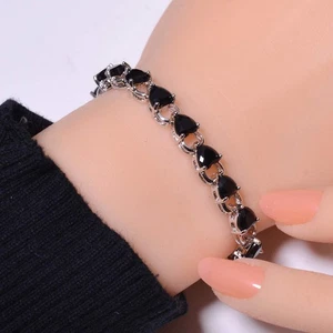 Black Onyx 925 Sterling Silver Tennis Bracelet 7.99" B15 - Picture 1 of 3