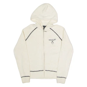 CALVIN KLEIN Hooded Mens Cardigan White V-Neck Tight Knit Wool M - Picture 1 of 6