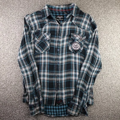 Fender Rock & Roll Religion Shirt Mens Large Blue Black Plaid Flannel Sol Adict - Image 1 of 4