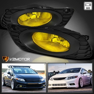 Fits 2012 Honda Civic 4Dr Sedan EX Si Yellow Fog Lights Bumper Lamp+Switch Pair - Imagem 1 de 4