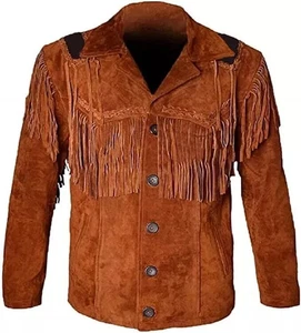 Men’s Western Cowboy Fringe Jacket – Native American Beaded Suede Leather Coat - Picture 1 of 4