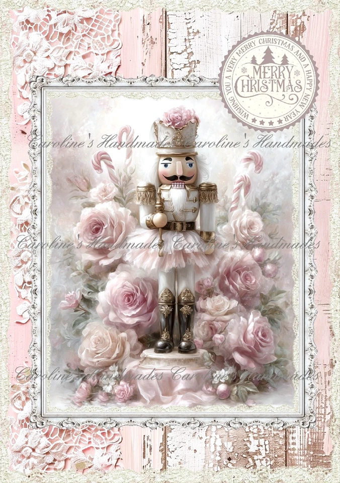 Shabby Chic Christmas Nutcracker & Roses Cotton Fabric Quilt Block Multi-size - Image 1 of 1