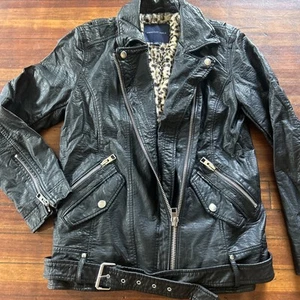 American Eagle Black Faux Leather Jacket Womens Medium Leopard Print Inside - Picture 1 of 9