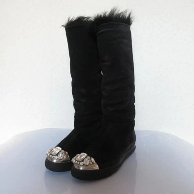 MIU MIU 女式长剪羊毛靴带水晶黑色 36 码(JP 23 厘米)二手 — 第 1/4 张图片
