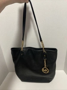 Michael Kors Black Pebbled Leather Handbag Purse Gold Medallion MK Chain EUC - Picture 1 of 10
