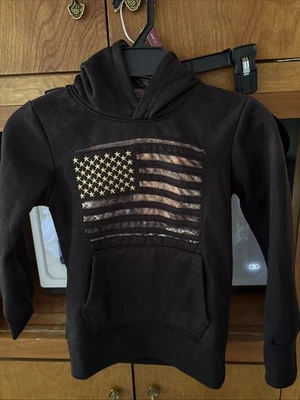 Mossy Oak Boys 5/6 Hoodie Black Camouflage Silky Lined Hoodie American Flag - Image 1 of 3