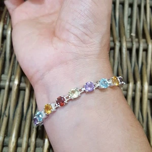 925 Sterling Silver Bracelet, Natural Multi Gemstones Tennis Bracelet, Garnet - Picture 1 of 6