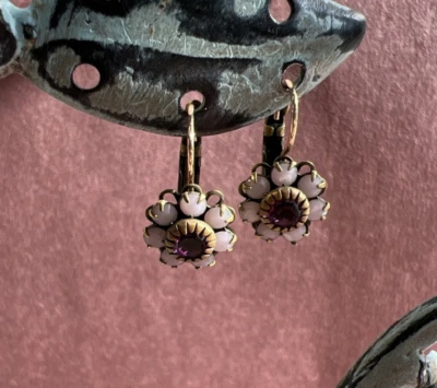 Liz Palacios Gold Tone Red Jeweled Flower Lever Back Dangle Earrings 3/4" - Image 1 of 4