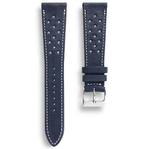 Correa de reloj de cuero curtido vegetal estilo rally azul marino de 18 mm puntada blanca - Imagen 1 de 4