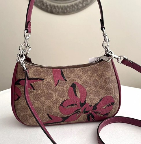 Nuova borsa a tracolla Coach CAA70 Teri firma stampa fiocco marrone rosa borsetta borsetta
