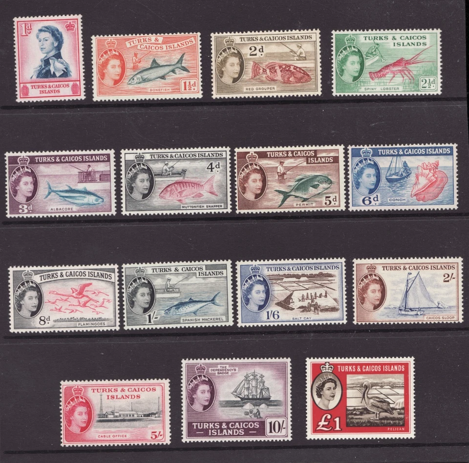 1957 Turks and Caicos Sc# 121-35 QEII definitives MH postage stamp set Cv$138.35 - Image 1 of 1