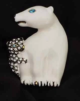 Heidi Daus "Petite Polar Vortex" Enamel Clear Crystal Polar Bear & Baby Pin #105 - Image 1 of 2