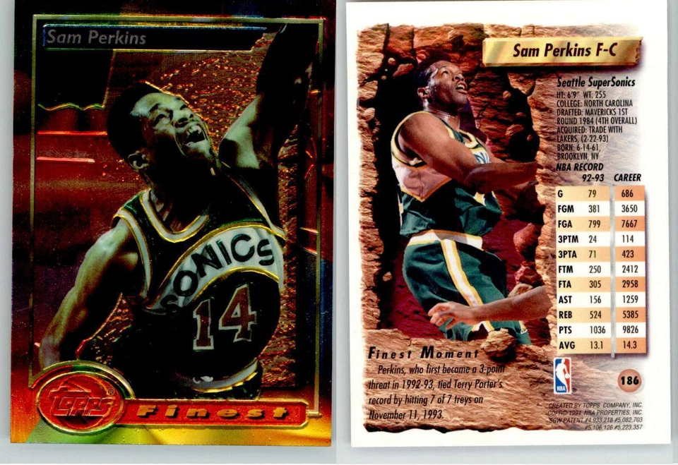 Sam Perkins 1993-94 Topps Finest #186 Supersonics - Image 1 of 1