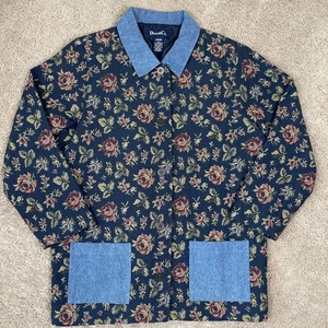 Denim & Co Chore Coat Women M Blue Floral Tapestry Denim Contrast Vintage Jacket - Picture 1 of 8