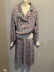Women's Vtg CASTLEBERRY Padded Shoulders Top / Pleated Skirt Suit USA Made Sz 12 - Picture 1 of 9