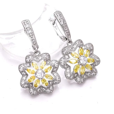 Yellow Sapphire Simulated & CZ Gemstone 925 Silver Flower Earring 1.50" E6 - Image 1 of 4