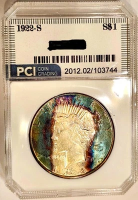 1922-S Better Date Gem BU Peace Dollar 2 Sided Rainbow Pattern Toned - Image 1 of 3