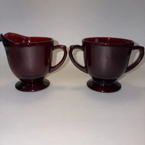 Vintage Anchor Hocking Royal Ruby Red Glass Creamer and Sugar Bowl MCM Nice - Picture 1 of 4