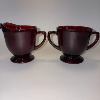 Vintage Anchor Hocking Royal Ruby Red Glass Creamer and Sugar Bowl MCM Nice - Image 1 of 4