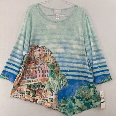 Новый Топ Alfred Dunner размер XL Приморский Новинка Принт Украшенный Эластичный Асимметричный - Изображение 1 из 4