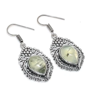 Prehnite Pear Shape Gemstone Earrings Handmade Beautiful Jewelry 1.8" MXE 5479 - Picture 1 of 7