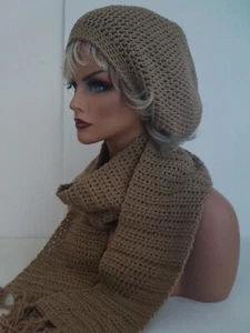 TAN BROWN HAND CROCHET BAGGY RASTA HAT AND SCARF SET BAGGY SLOUCHY BAGGIE TAM - Picture 1 of 6