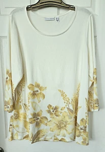 Susan Graver Womens Sz L Pale Yellow Lightweight Soft Floral Sweater 3/4 Sleeve - Picture 1 of 2