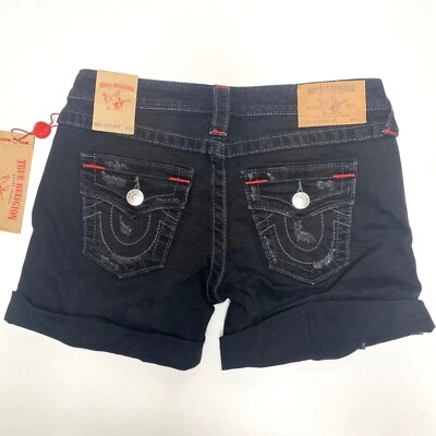 size 26 NEW True Religion mid rise cut off flap pocket black denim shorts $179 - Image 1 of 4