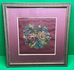 Antique Vintage Pink Floral NEEDLEPOINT Wall Art 22" x 22" - Picture 1 of 3