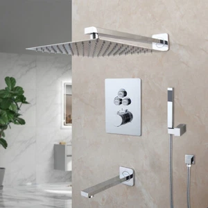 12" Bathroom Chrome Shower Faucet Set Wall Mount Mixer Rainfall Shower Head Tap - Picture 1 of 10