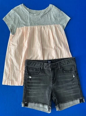 Gap Kids Girls 12 Denim Stretch Midi Shorts Stripe Swing Top Outfit WORN ONCE - Image 1 of 4