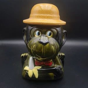 Vintage Price Imports Japan Green Monkey Holding A Banana Cookie Jar Red Bow - Picture 1 of 8