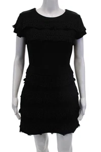 Maje Womens Back Zip Short Sleeve Embroidered Fringe Sheath Dress Black Size 2 - Picture 1 of 8
