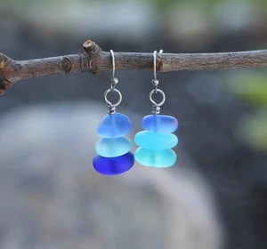 Blue Sea Glass Earrings | Ocean Sea Cruise Beach Jewelry - Picture 1 of 3