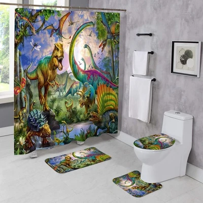 4 Pcs Dinosaur Shower Curtain Sets with Rugs Jungle Safari Bathroom Set Dino ... - Image 1 of 4