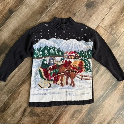 Suéter tejido vintage de paseo en trineo de noche de Navidad de colección de reliquia, negro, L Foto 1 de 4