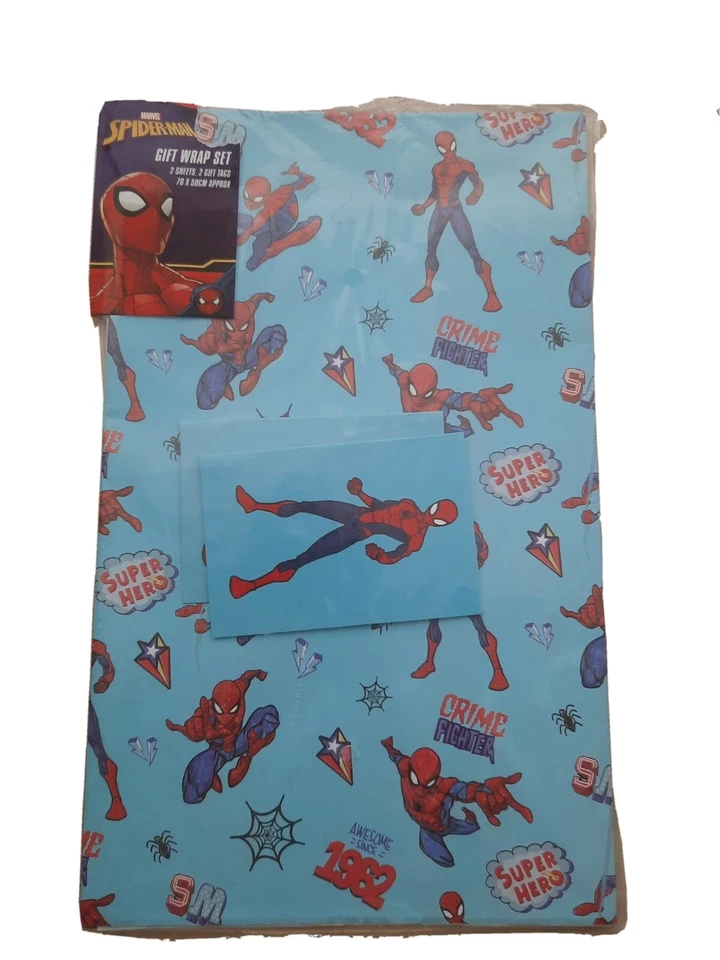 MARVEL spiderman GIFT WRAP 2 x sheets + 2 TAGS Spiderman Wrapping Paper Set New - Image 1 of 1