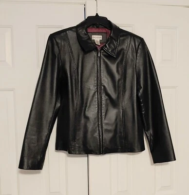 Abrigo para mujer Kim Rogers de cuero negro genuino forrado con cremallera talla grande usado en excelente estado Foto 1 de 4