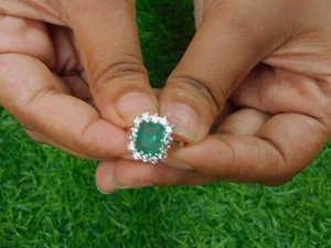 4.55 Ct Real Emerald & Lab Created Diamond Engagement Ring 925 Sterling Silver - Picture 1 of 11