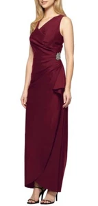 Alex Evenings Gr. 14 langes seitlich gerafftes Kleid mit kaskadenförmiger Rüschen burgunderrot - Bild 1 von 11