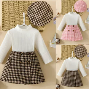 Winter Cute Kid Girl Solid Long Sleeve Pullover T-shirts Plaid Skirts Outfit Set - Picture 1 of 22