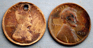 Two 1912 Lincoln Wheat Penny Cent Coins - Never Cleaned