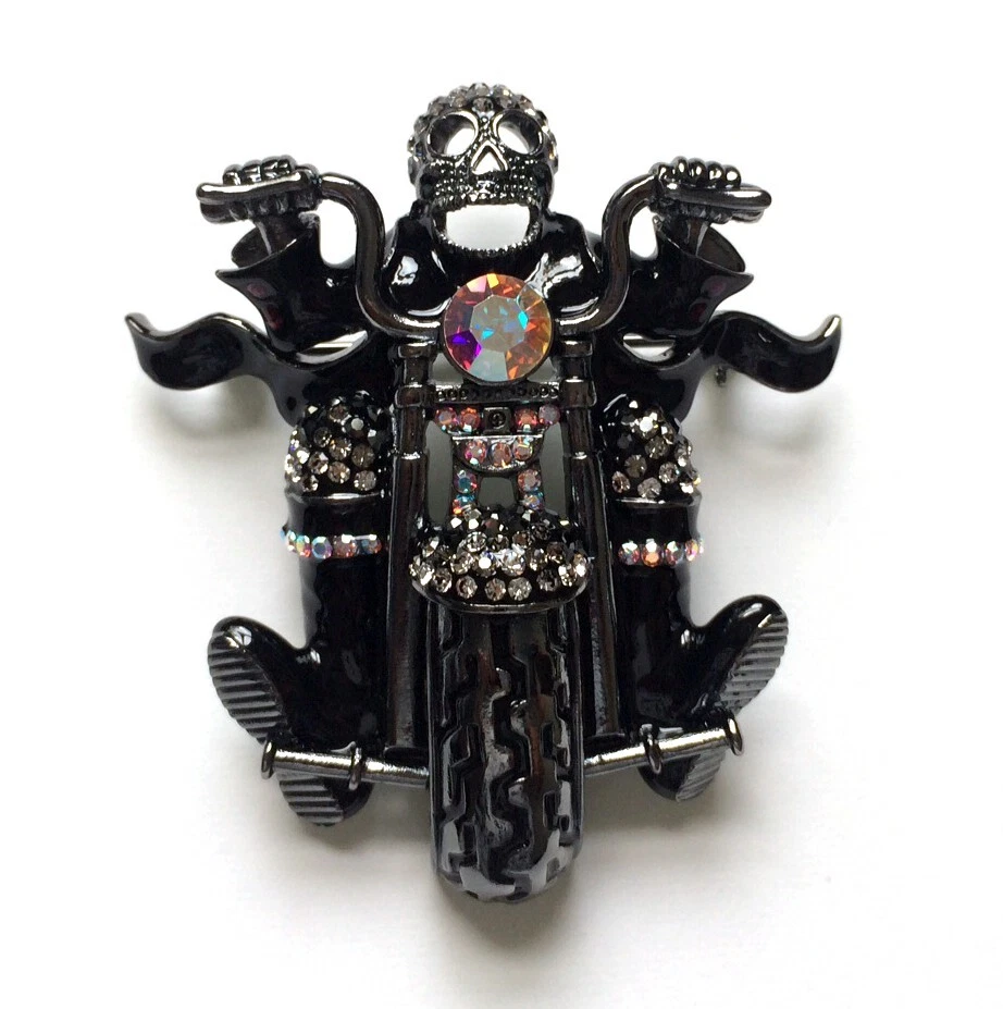 Butler and Wilson Pewter Crystal Skeleton Bike Motorbike Skull Rider Brooch NEW - Image 1 of 1