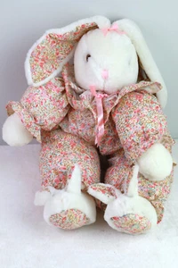 Vintage Easter Bunny Plush w Floral Jumper Bunny Slippers 17" Stuffed Easter - Bild 1 von 18