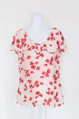 Halogen Size Petite Medium Short Sleeve Ruffle Top Shirt  Red Floral Silk Blend - Image 1 of 4